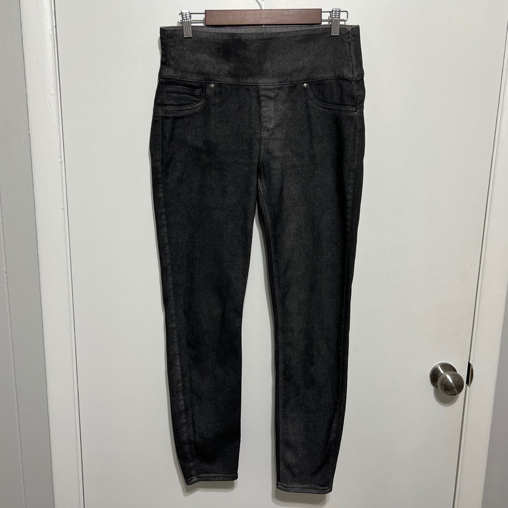 SPANX Womens High Rise Skinny Pull On Denim Jegging Size L Black Metallic Coated